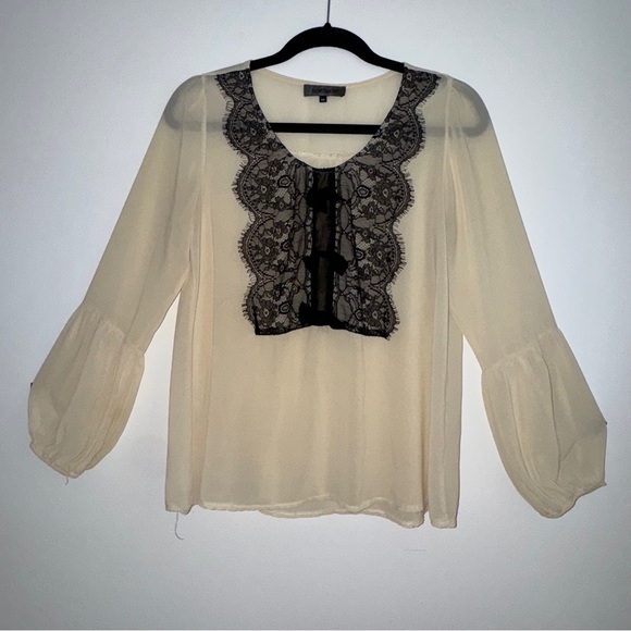 Topshop Tops - Topshop Sheer Blouse Small Cream Long Sleeve Black Lace Trim Romantic Top Size S